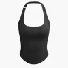 Basic Solid Halter Curved Hem Tank Top>MICAS Fashion