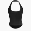 Basic Solid Halter Curved Hem Tank Top>MICAS Fashion