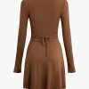 Basic Solid Long Sleeves U-Neck A-Line Mini Dress>MICAS Sale