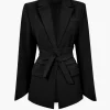 Basic Solid Notched Lapel Belted Blazer>MICAS New