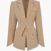 Basic Solid Notched Lapel Belted Blazer>MICAS New