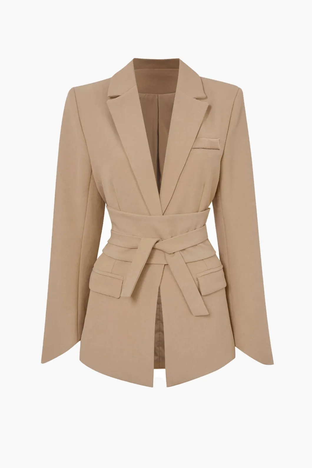 Basic Solid Notched Lapel Belted Blazer>MICAS New