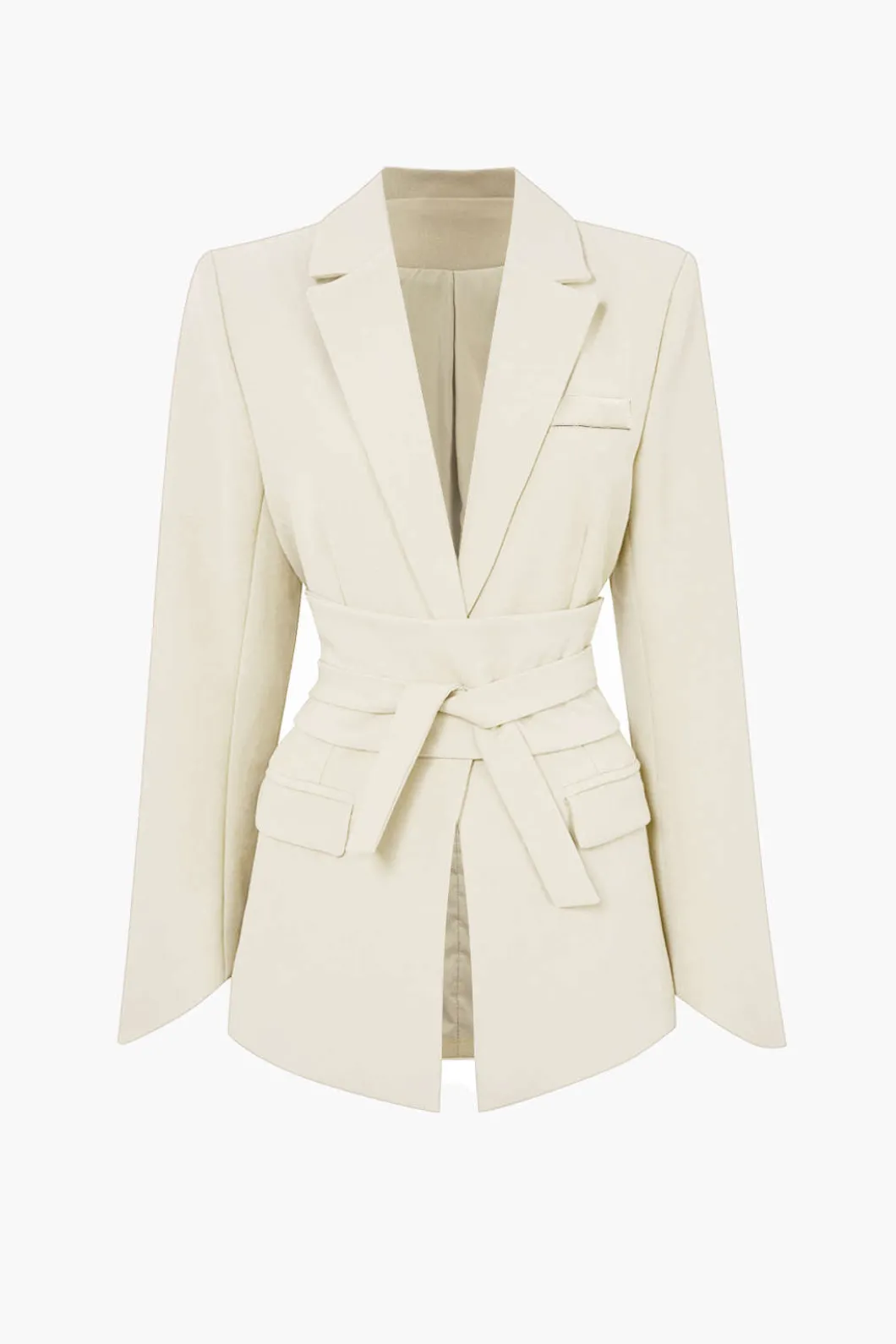 Basic Solid Notched Lapel Belted Blazer>MICAS New