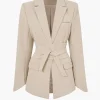 Basic Solid Notched Lapel Belted Blazer>MICAS New