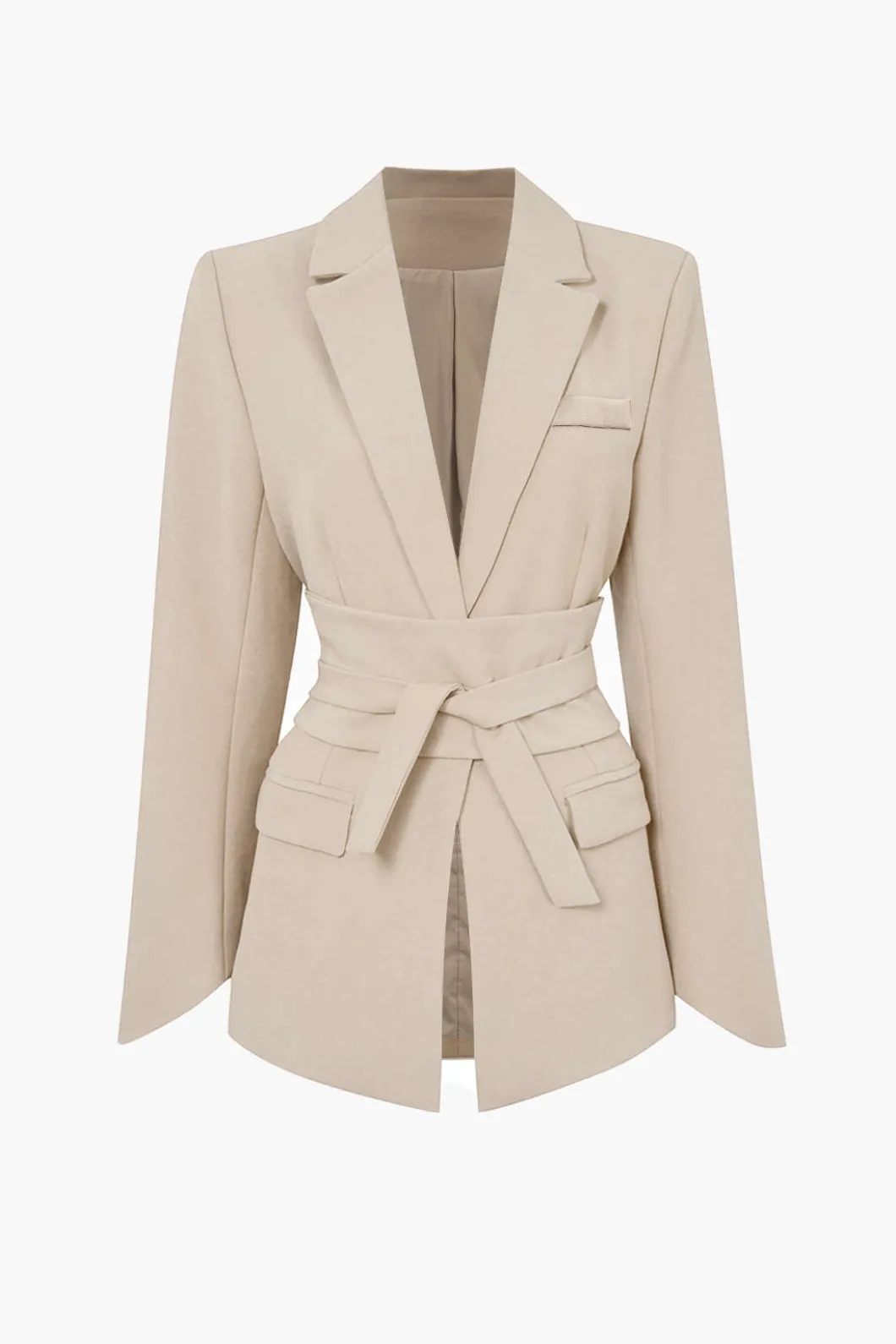 Basic Solid Notched Lapel Belted Blazer>MICAS New