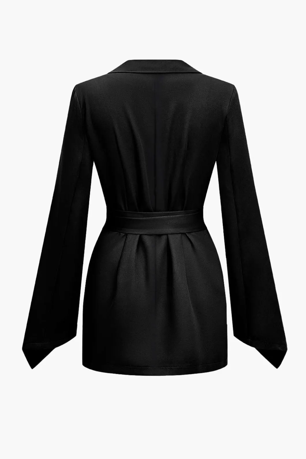 Basic Solid Notched Lapel Belted Blazer>MICAS New