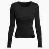Basic Solid Round Neck Ribbed Long-Sleeve Top>MICAS New