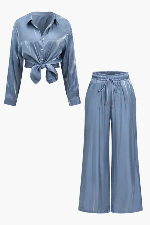 Basic Solid Shiny Shirt And Loose Trouser Set>MICAS Sale