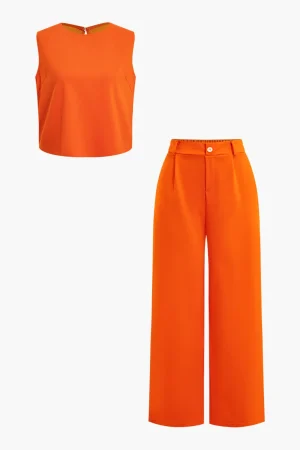Basic Solid Sleeveless Top And Straight Leg Pants Set>MICAS Hot