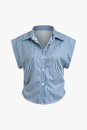 Basic Stripe Print Cap Sleeve Button Shirt>MICAS Hot