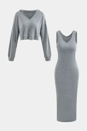 Basic V-neck Sleeveless Maxi Dress And Hooded Crop Sweatshirt Set>MICAS Fashion