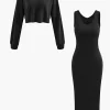 Basic V-neck Sleeveless Maxi Dress And Hooded Crop Sweatshirt Set>MICAS Fashion