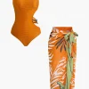 Bead Cut Out One Shoulder Swimsuit And Leaves Print Wrap Skirt Set>MICAS Online