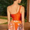 Bead Cut Out One Shoulder Swimsuit And Leaves Print Wrap Skirt Set>MICAS Online
