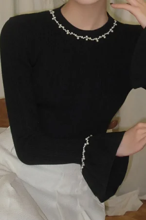 Beaded Round Neck Long-Sleeve Top>MICAS Discount