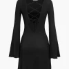 Bell Sleeve Back Lace Up Detail Mini Dress>MICAS Clearance