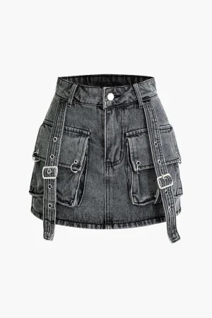 Belt Detail Flap Pocket Denim Mini Skirt>MICAS Clearance