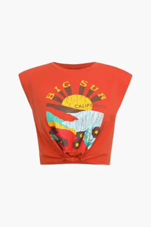 Big Sur Graphic Padded-Shoulder Knot Hem T-Shirt>MICAS Sale