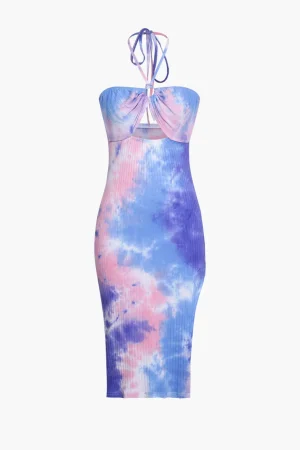 Blue Tie Dye Halter Neck Midi Dress>MICAS Hot