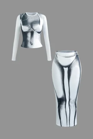 Body Print Long Sleeve Top And Maxi Skirt Set>MICAS Fashion