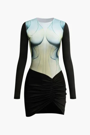 Body Print Round Neck Long Sleeve Ruched Mini Dress>MICAS Sale