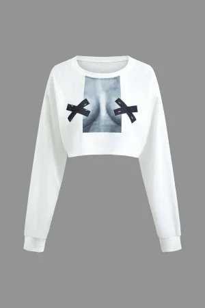 Body Print Round Neck Long Sleeve Crop Top>MICAS Best