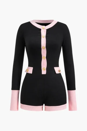 Botton Patchwork Long Sleeve Romper>MICAS Sale