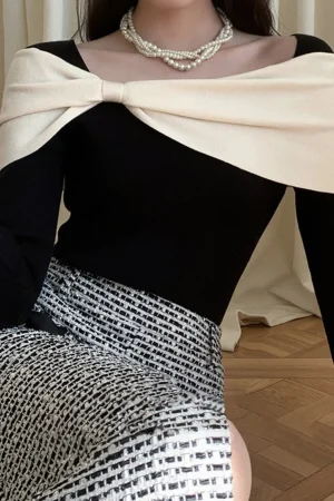 Bow Design Patchwork Long-Sleeve Top>MICAS Fashion