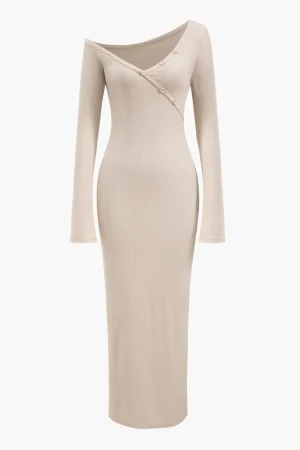 Button Asymmetric Neck Long Sleeve Maxi Dress>MICAS Discount