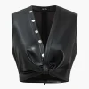 Button Detail Twist Front Faux Leather Crop Tank Top>MICAS New