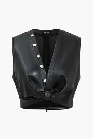 Button Detail Twist Front Faux Leather Crop Tank Top>MICAS New