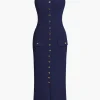 Button Front Sleeveless Ribbed Knit Maxi Dress>MICAS Outlet
