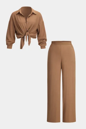 Button Long Sleeve Shirt And Wide Leg Trousers Set>MICAS Fashion