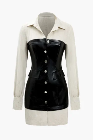 Button Patchwork Faux Leather Mini Dress>MICAS Discount