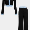 Button Patchwork Long Sleeve Top And Zipper Trousers Set>MICAS Clearance