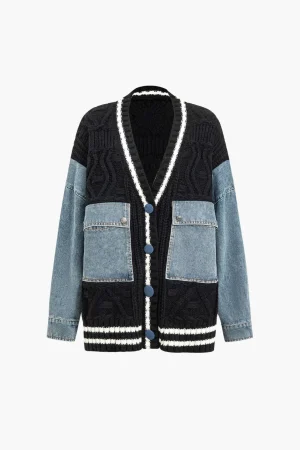 Button Patchwork Pocket Sweater Cardigan>MICAS Fashion