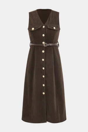 Button V-Neck Belted Long Sleeve Corduroy Maxi Dress>MICAS Outlet