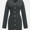Button V-Neck Long Sleeve Mini Dress>MICAS Discount