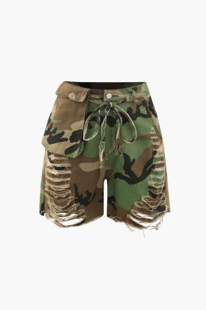 Camo Destroyed Cargo Shorts>MICAS Fashion