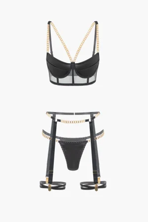 Chain Bustier Contrast Mesh Lingerie Garter Set>MICAS Outlet