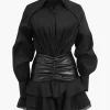 Chiffon Faux Leather Patchwork Ruffle Long Sleeve Mini Dress>MICAS Discount
