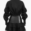 Chiffon Faux Leather Patchwork Ruffle Long Sleeve Mini Dress>MICAS Discount