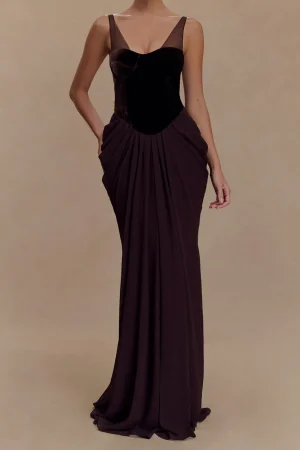 Chiffon Velvet Patchwork Ruched V-Neck Sleeveless Maxi Dress>MICAS Sale
