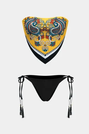 Chinoserie Print Contrast Color Block Tie-Up Bikini Set>MICAS Sale