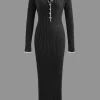 Collar Button Long Sleeve Knit Maxi Dress>MICAS Hot