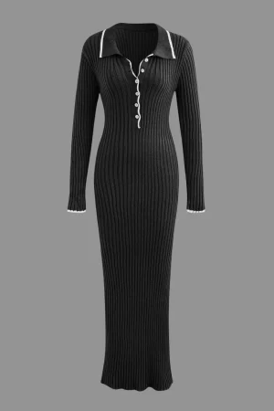 Collar Button Long Sleeve Knit Maxi Dress>MICAS Hot