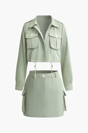 Collared Flap Pocket Drawstring Crop Top And Mini Skirt Set>MICAS Hot