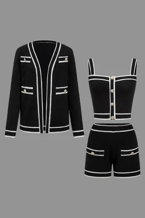 Color Block Button Cami Top And Shorts And Sweater Cardigan Set>MICAS Online