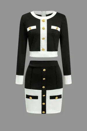 Color Block Button Pocket Skirt Set>MICAS Hot