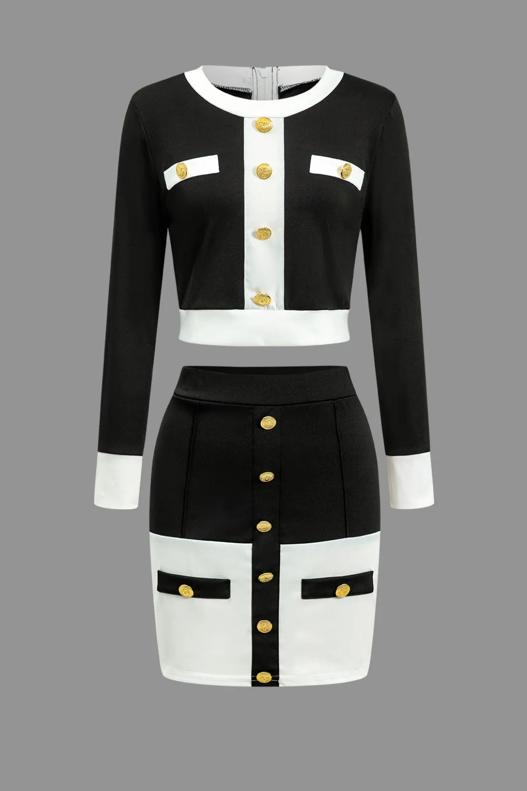 Color Block Button Pocket Skirt Set>MICAS Hot